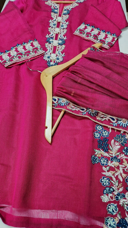 Embroidered Net Pink-Stitched 3pc- RW3-39