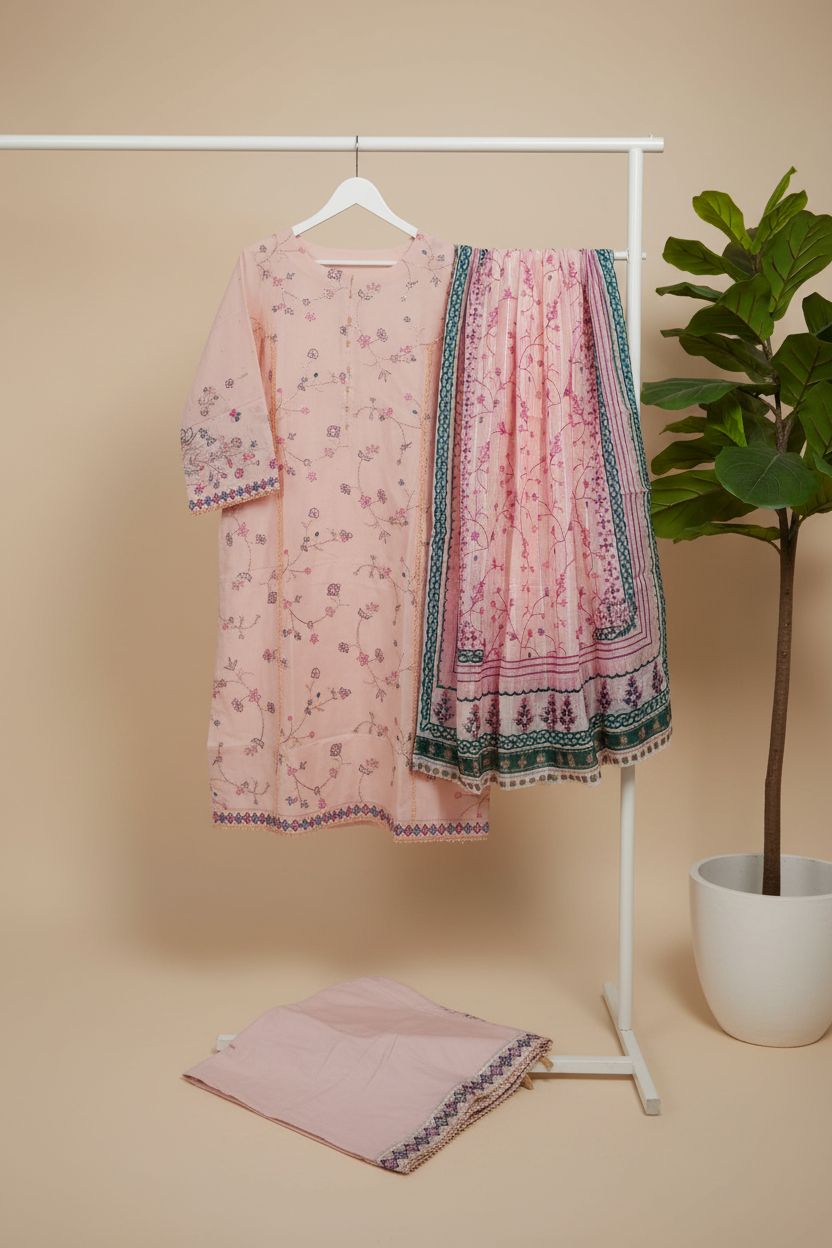 Embroidered lawn suit with printed dupatta and pants - detail view