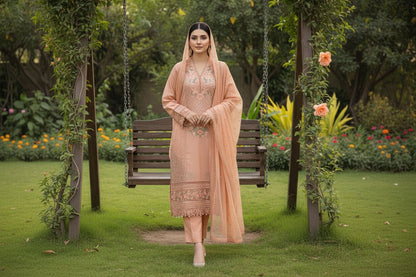 Maria B Inspired Embroidered Peach Khadi Net Stitched 3pc -RW3-33