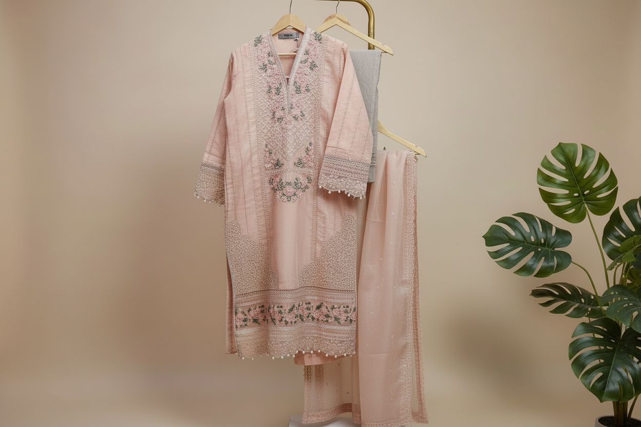 Maria B Inspired Embroidered Peach Khadi Net Stitched 3pc -RW3-33