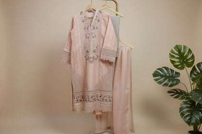 Maria B Inspired Embroidered Peach Khadi Net Stitched 3pc -RW3-33