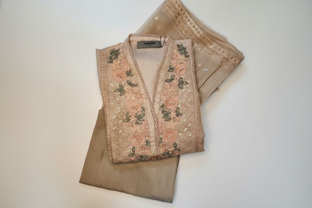 Maria B Inspired Embroidered Peach Khadi Net Stitched 3pc -RW3-33