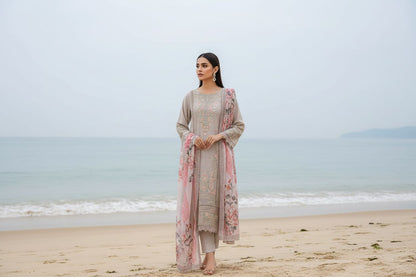 Maria B Inspired Embroidered Light Beige Chiffon Stitched 3pc- RW3-31