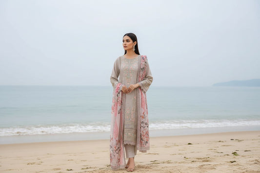 Maria B Inspired Embroidered Light Beige Chiffon Stitched 3pc- RW3-31