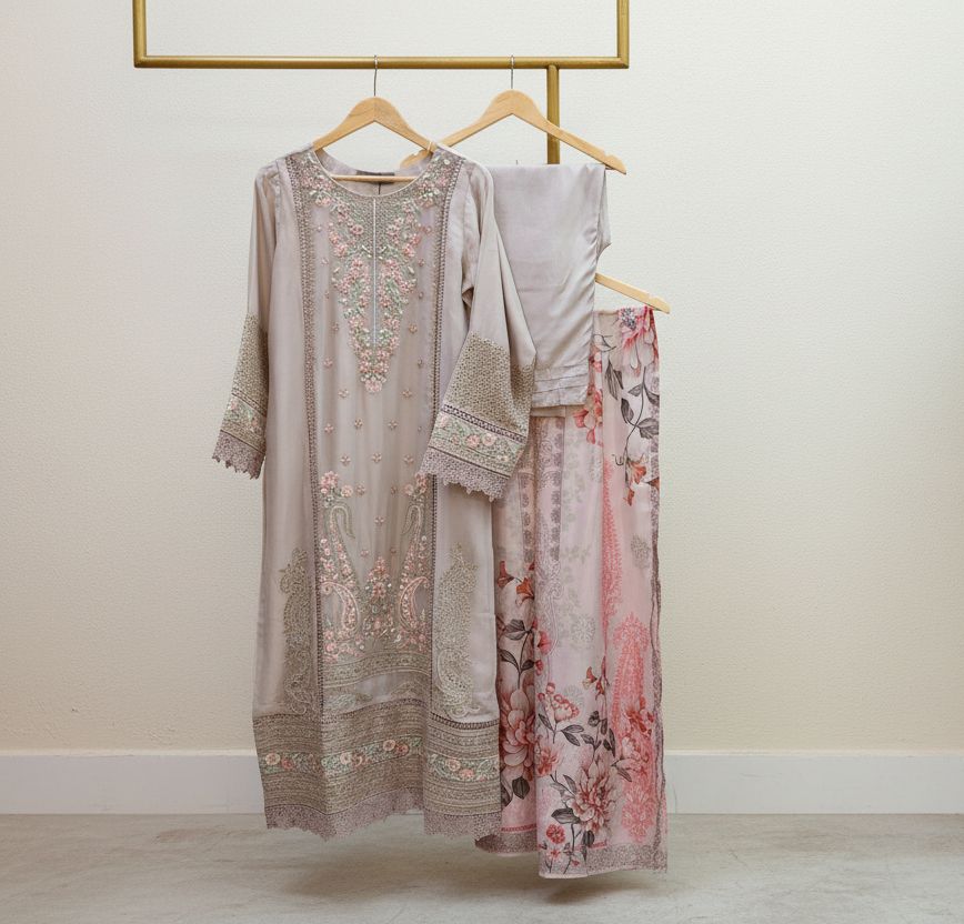 Maria B Inspired Embroidered Light Beige Chiffon Stitched 3pc- RW3-31