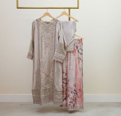 Maria B Inspired Embroidered Light Beige Chiffon Stitched 3pc- RW3-31