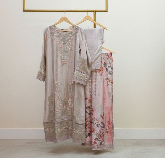 Maria B Inspired Embroidered Light Beige Chiffon Stitched 3pc- RW3-31