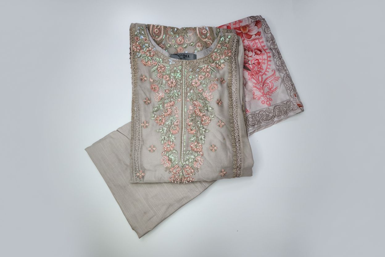 Maria B Inspired Embroidered Light Beige Chiffon Stitched 3pc- RW3-31