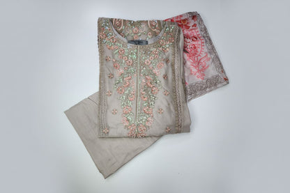 Maria B Inspired Embroidered Light Beige Chiffon Stitched 3pc- RW3-31