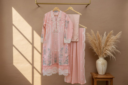 Maria B Inspired Embroidered Peach Chiffon Stitched 3pc -RW3-29