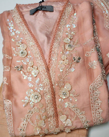 Maria B Inspired Embroidered Peach Chiffon Stitched 3pc -RW3-29