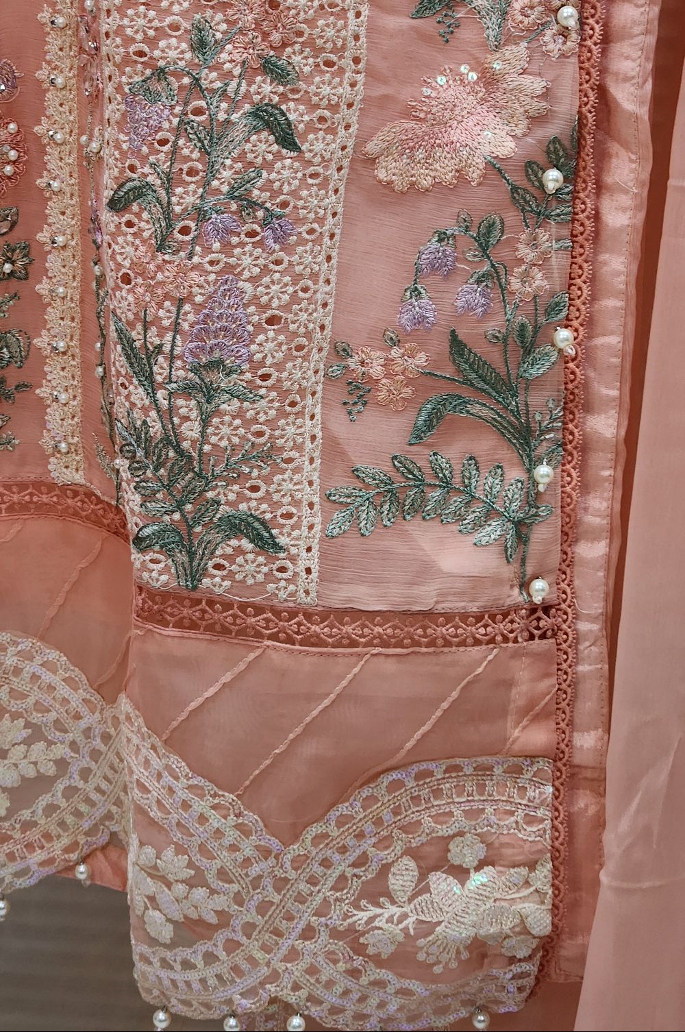 Maria B Inspired Embroidered Peach Chiffon Stitched 3pc -RW3-29