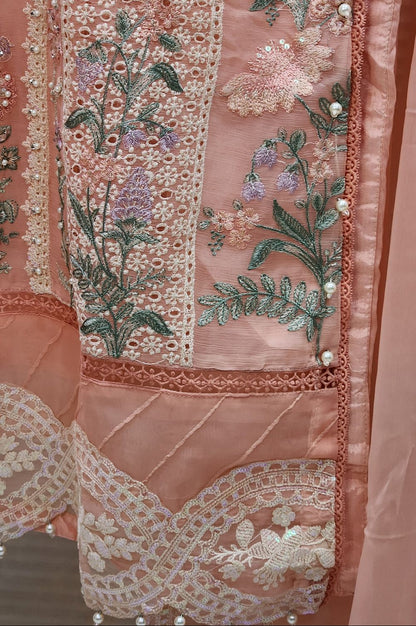 Maria B Inspired Embroidered Peach Chiffon Stitched 3pc -RW3-29