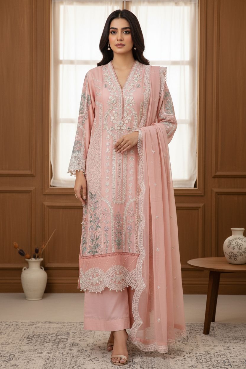 Maria B Inspired Embroidered Peach Chiffon Stitched 3pc -RW3-29