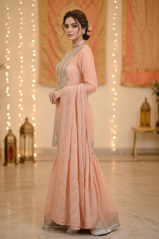 Agha Noor Inspired  Peach Chiffon Gharara Suit–Stitched 3pc- RW3-90