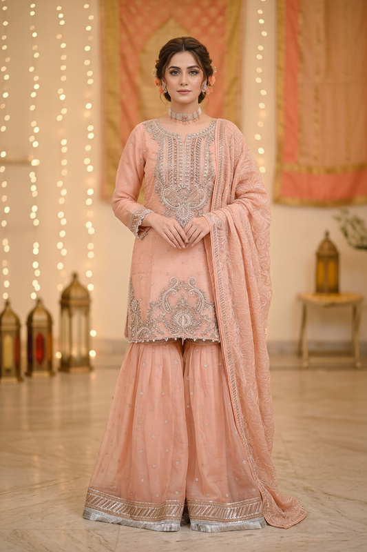 Agha Noor Inspired  Peach Chiffon Gharara Suit–Stitched 3pc- RW3-90