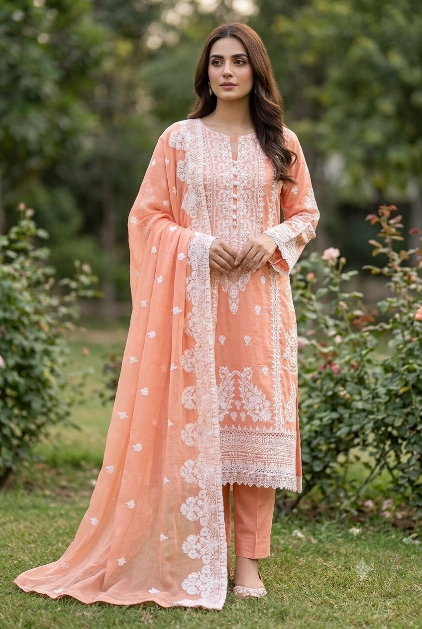 Agha Noor Inspired Peach Embroidered Cotton Lawn Suit – Stitched 3pc-RW3-127
