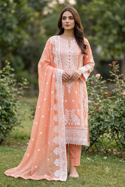 Agha Noor Inspired Peach Embroidered Cotton Lawn Suit – Stitched 3pc-RW3-127
