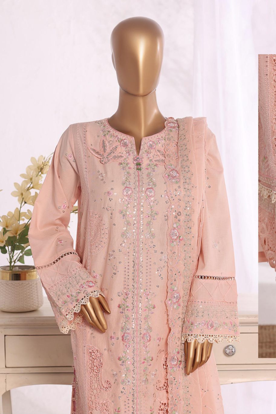 Bin Saeed Pink Embroidered Cotton Shirt with Embroidered Trouser & Dupatta- Stitched 3pc