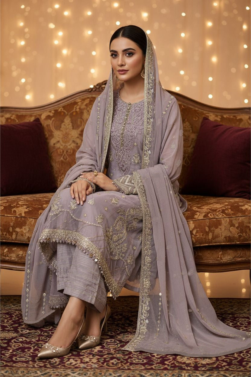 Maria.B Inspired Pink Embroidered Chiffon Suit – Stitched 3pc- RW3-108