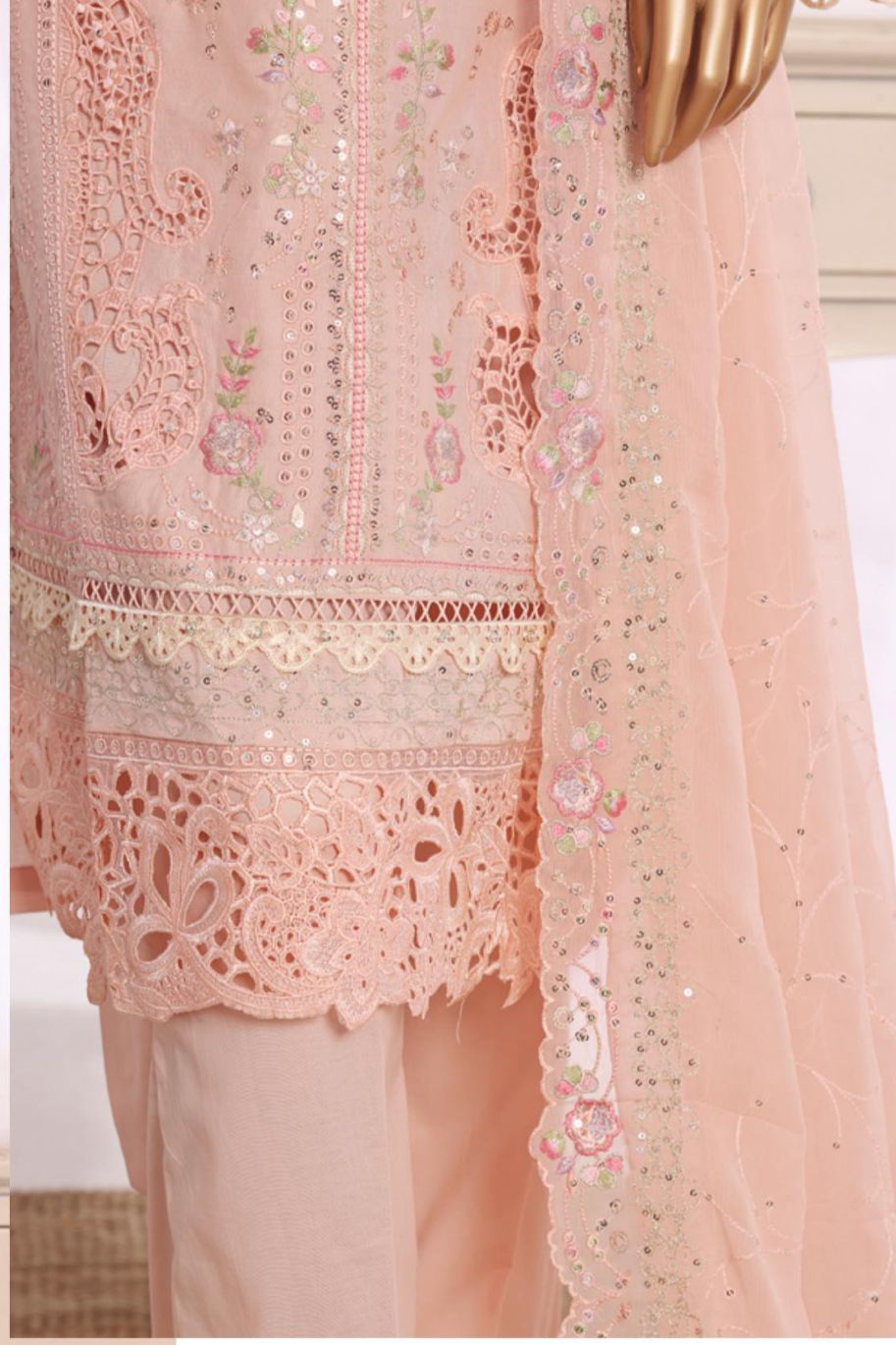 Bin Saeed Pink Embroidered Cotton Shirt with Embroidered Trouser & Dupatta- Stitched 3pc