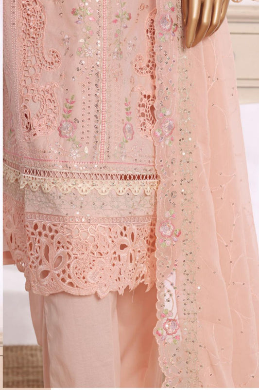 Bin Saeed Pink Embroidered Cotton Shirt with Embroidered Trouser & Dupatta- Stitched 3pc