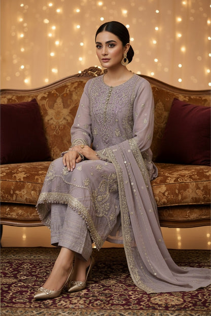 Maria.B Inspired Pink Embroidered Chiffon Suit – Stitched 3pc- RW3-108