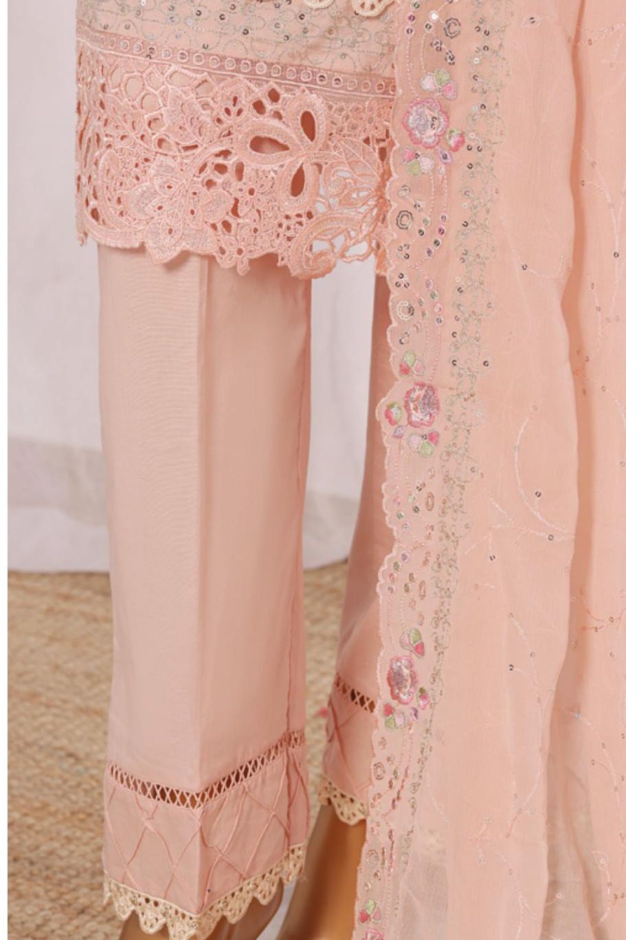 Bin Saeed Pink Embroidered Cotton Shirt with Embroidered Trouser & Dupatta- Stitched 3pc