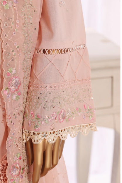 Bin Saeed Pink Embroidered Cotton Shirt with Embroidered Trouser & Dupatta- Stitched 