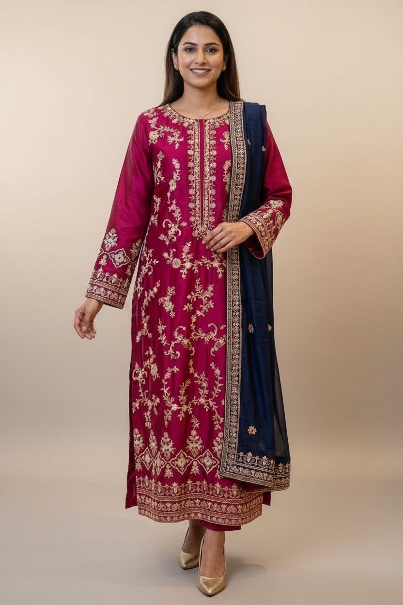 Pink Embroidered Silk Suit – Stitched 3pc-RW3-97