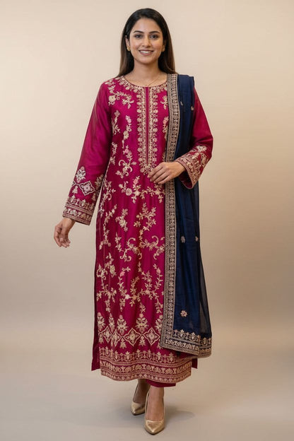 Pink Embroidered Silk Suit – Stitched 3pc-RW3-97