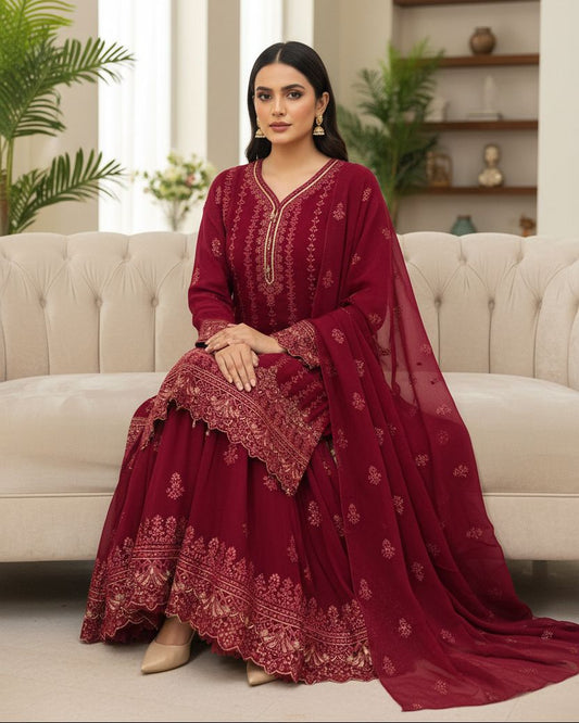 Agha Noor Inspired Pink Chiffon Gharara Suit – Stitched 3pc-RW3-86