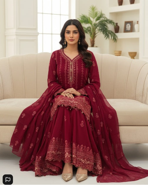 Agha Noor Inspired Pink Chiffon Gharara Suit – Stitched 3pc-RW3-86
