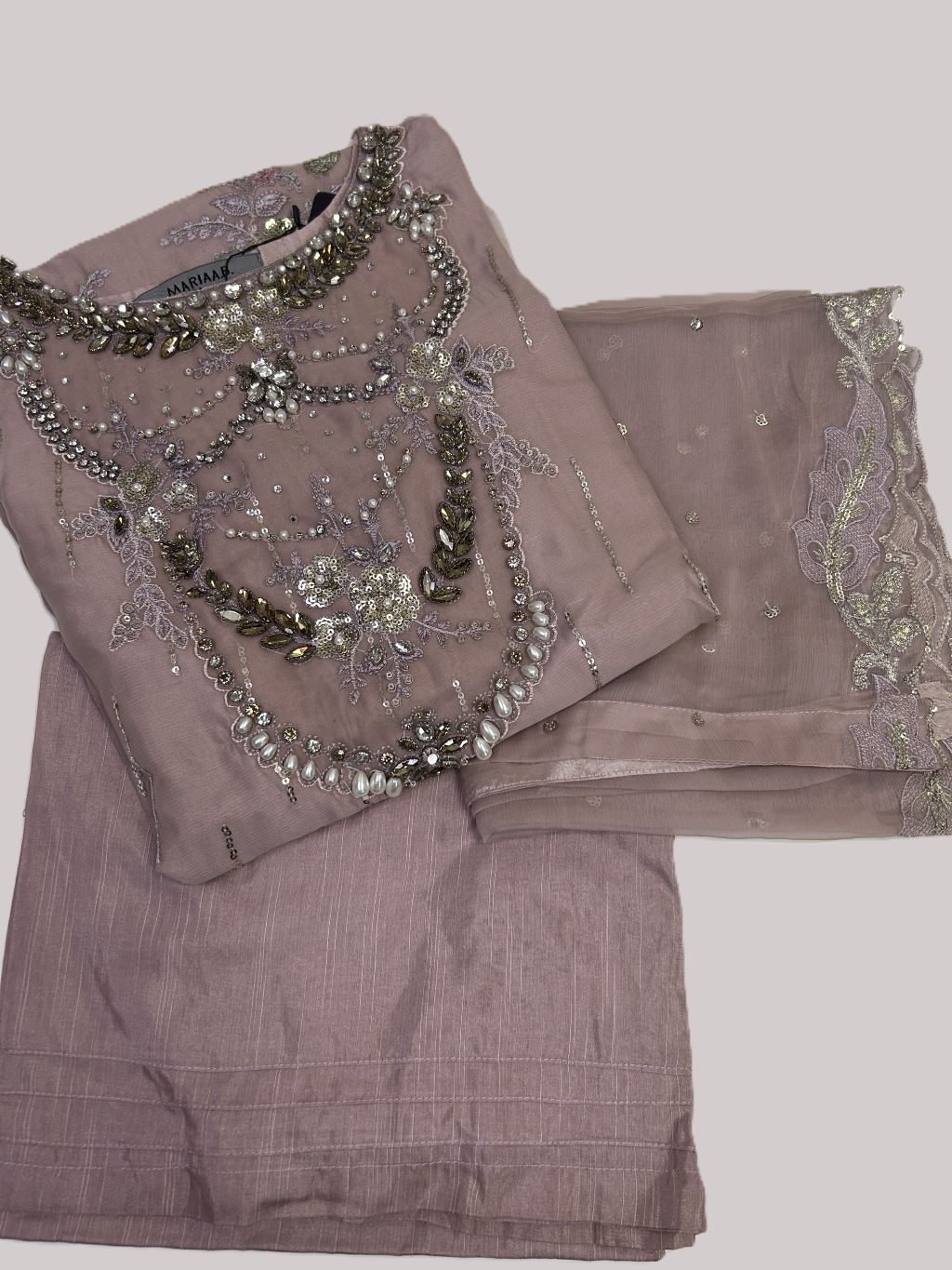 Maria.B Inspired Pink Embroidered Chiffon Suit – Stitched 3pc - RW3-105