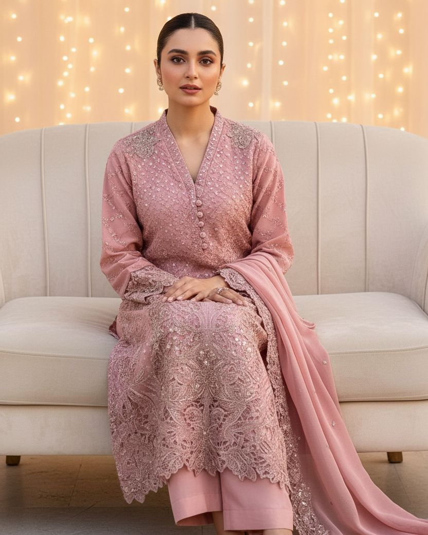 Maria B Inspired Pink Embroidered Chiffon Suit – Stitched 3pc- RW3-82