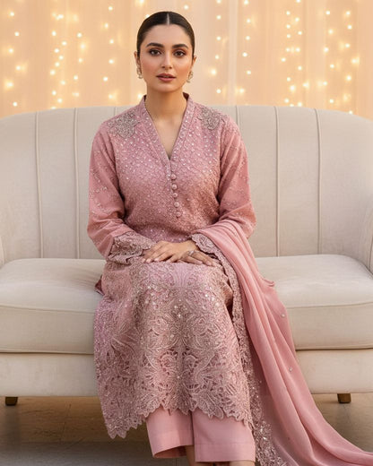 Maria B Inspired Pink Embroidered Chiffon Suit – Stitched 3pc- RW3-82