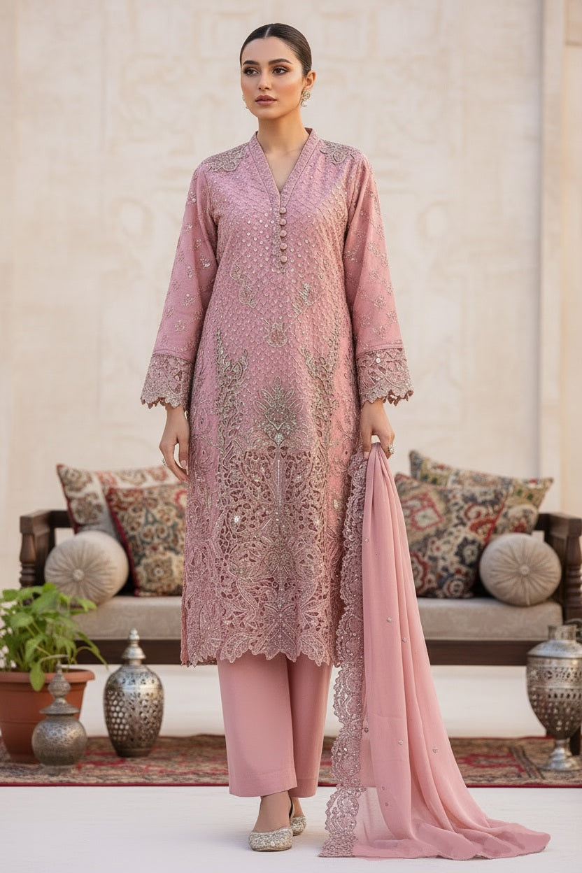 Maria B Inspired Pink Embroidered Chiffon Suit – Stitched 3pc- RW3-82