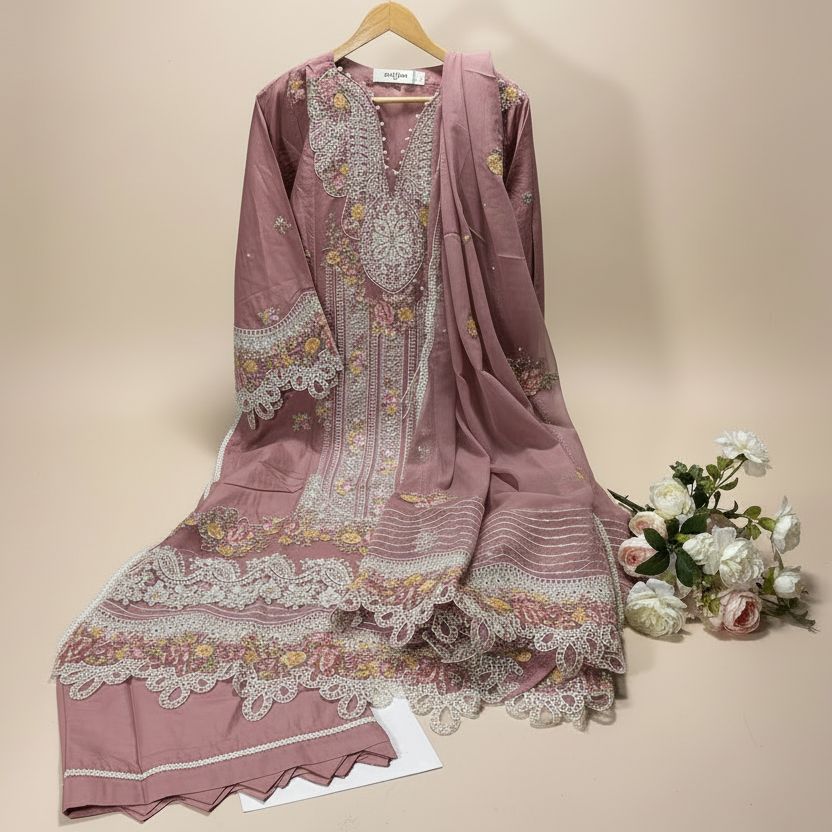Maria B Inspired Pink Embroidered Lawn Cotton Suit–Stitched 3pc-RW3- 84