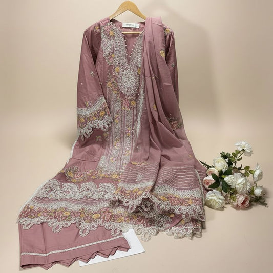 Maria B Inspired Pink Embroidered Lawn Cotton Suit–Stitched 3pc-RW3- 84