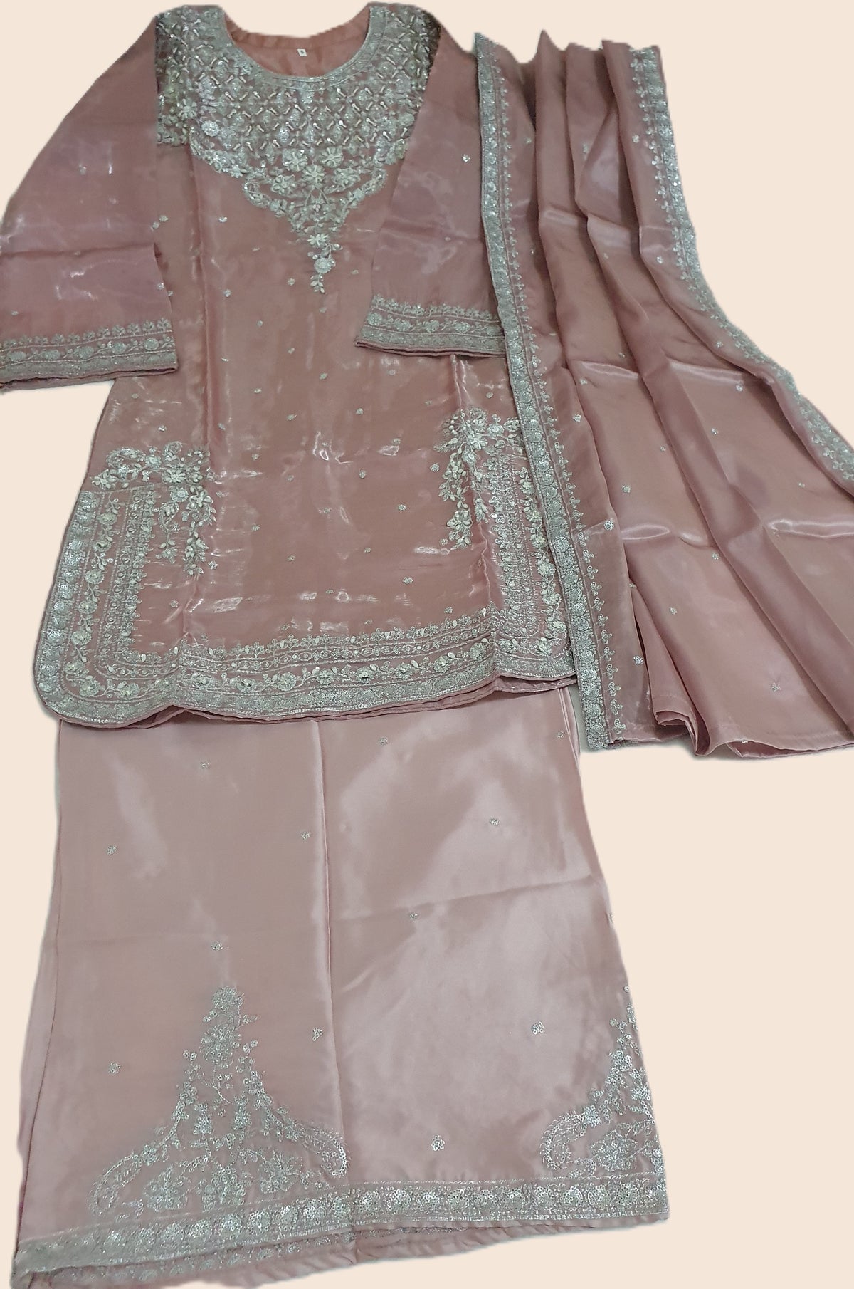 Pink Embroidered Sheesha Silk Palazzo Suit – Stitched 3pc-RW3- 229