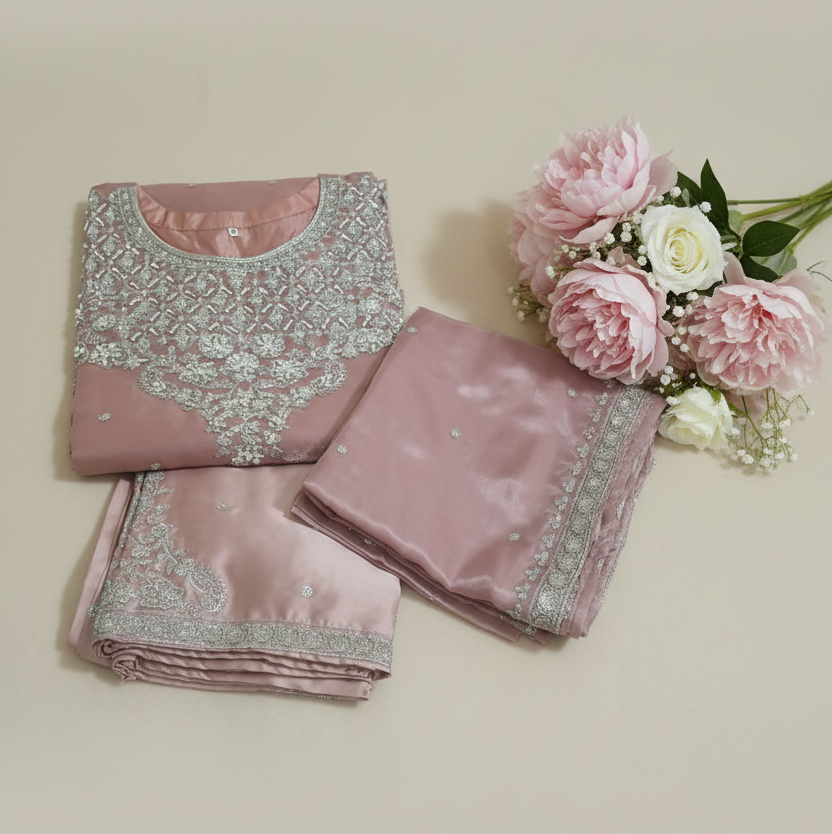 Pink Embroidered Sheesha Silk Palazzo Suit – Stitched 3pc-RW3- 229