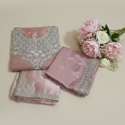 Pink Embroidered Sheesha Silk Palazzo Suit – Stitched 3pc-RW3- 229