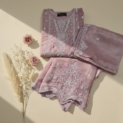 Agha Noor Inspired Pink Embroidered Sheesha Silk Palazzo Suit – Stitched 3pc-RW3- 224