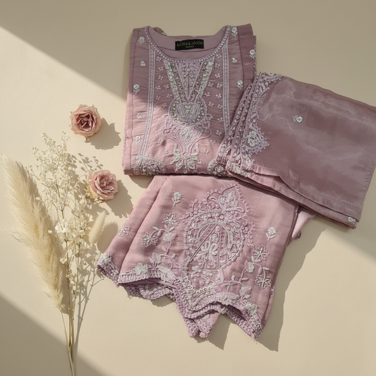 Agha Noor Inspired Pink Embroidered Sheesha Silk Palazzo Suit – Stitched 3pc-RW3- 224