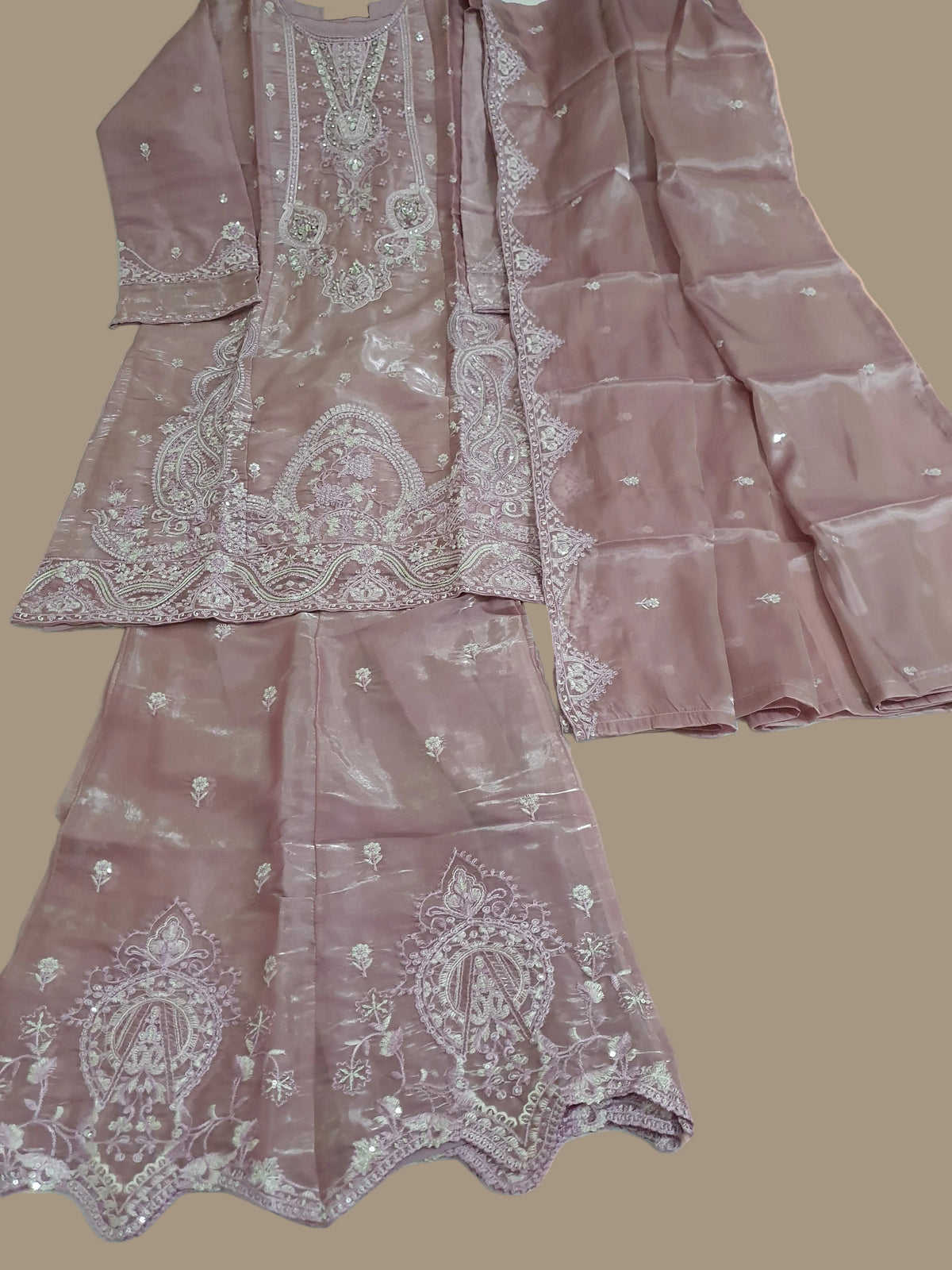 Agha Noor Inspired Pink Embroidered Sheesha Silk Palazzo Suit – Stitched 3pc-RW3- 224