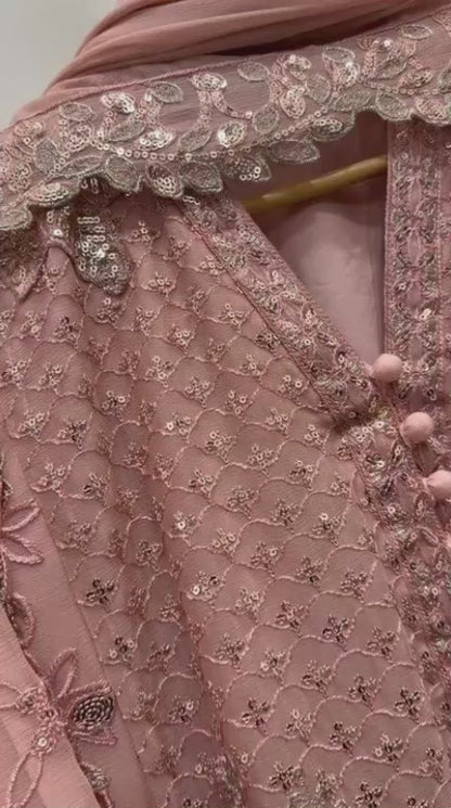 Maria B Inspired Pink Embroidered Chiffon Suit – Stitched 3pc- RW3-82