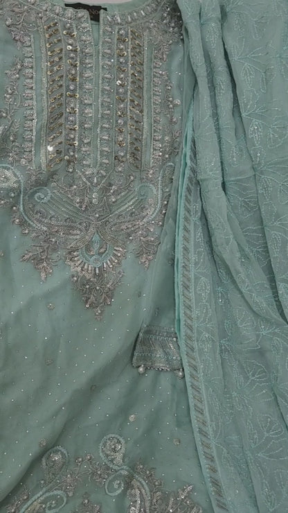 Agha Noor Inspired Aqua Chiffon Gharara Suit – Stitched 3pc-RW3-89