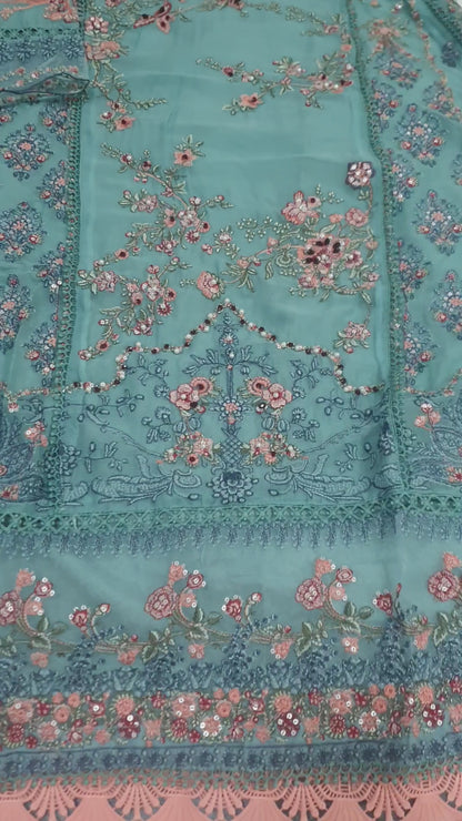 Hussain Rehar Inspired Green Chiffon Embroidered Frock – Stitched 3pc-RW3-240