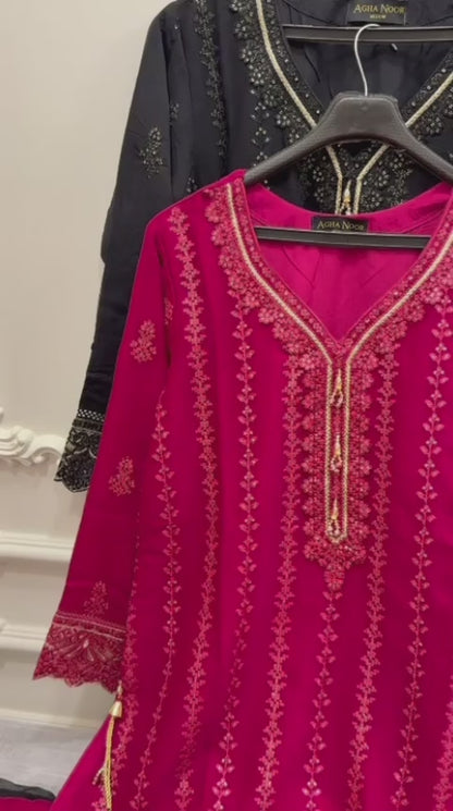 Agha Noor Inspired Pink Chiffon Gharara Suit – Stitched 3pc-RW3-86