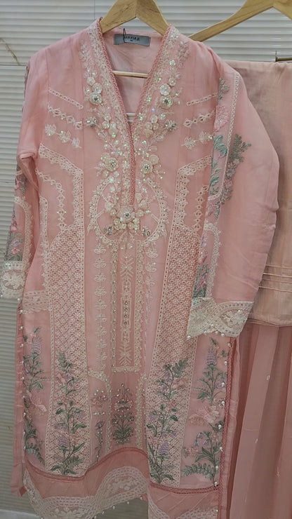 Maria B Inspired Embroidered Peach Chiffon Stitched 3pc -RW3-29